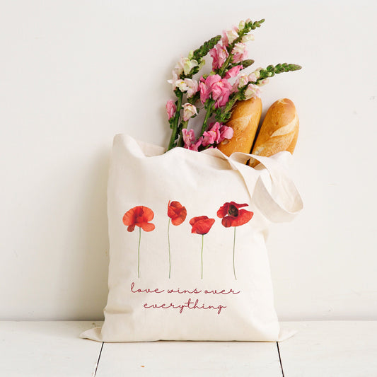 Floral Tote Bag with Inspirational Quote | Love Wins Over Everything | Library & School Bag