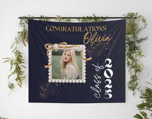 Custom Graduation Photo Banner, Elegant Pearl Frame, High School or College Grad Sign, Class of 2025 Party Decor, Personalized Grad Banner