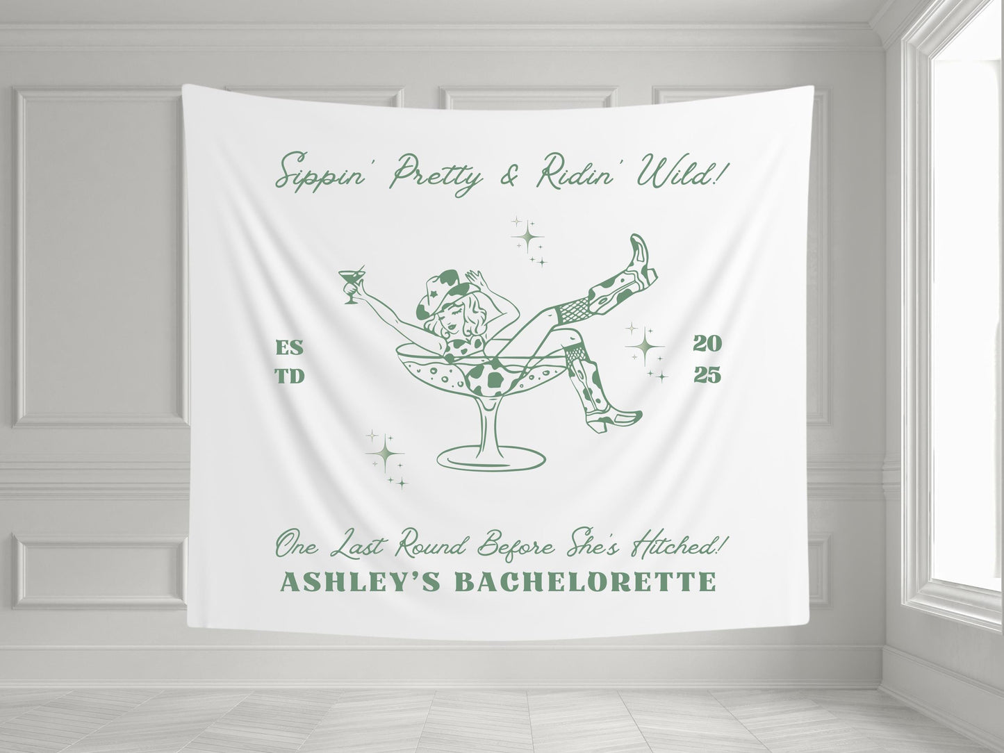 Custom Cowgirl Bachelorette Banner | Sipping Pretty & Riding Wild | Western Party Decor | Personalized Bach Tapestry
