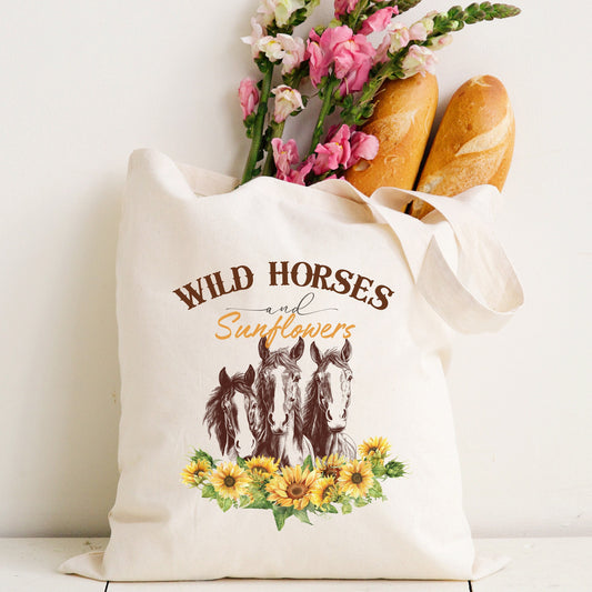 Wild Horses and Sunflowers Tote, Horse Lover Gift Bag, Country Western Tote, Canvas Horse Bag, Floral Horse Gift for Her