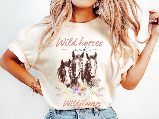 Wildflowers and Wild Horses Shirt, Western Rodeo Tee, Country Music Cowgirl Graphic, Comfort Colors Horse Lover Gift