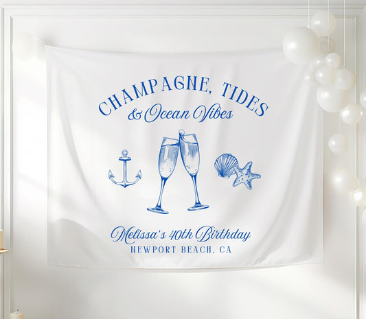 Custom Birthday Beach Banner, Champagne Tides & Ocean Vibes, Coastal Birthday Party Decor, Personalized Birthday Sign
