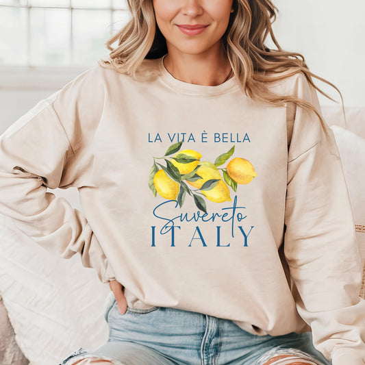 Italy Lemon Sweatshirt, Suvereto Italian Travel Sweatshirt, Watercolor Lemon Crewneck, Cozy Gildan Pullover, Elegant Italy Gift