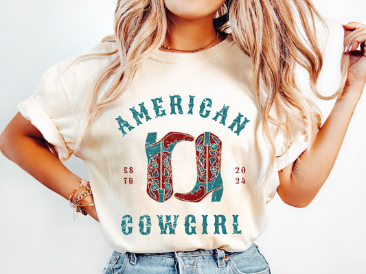 Cowgirl Western Shirt, American Cowgirl Rustic Tee, Womens Country T-shirt, Boots, Rodeo - Country Concert Outfit - Comfort Colors