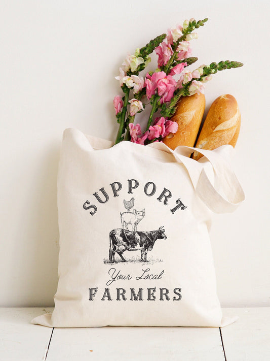 Support your local farmers tote bag, Graphic of Cow, Pig and Chicken, Rural farming country, hobby farm bag, reusable tote bag