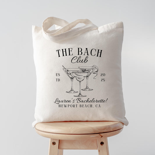 Bach Club Bachelorette Tote, Custom Cocktail Party Bag for Bride and Bridesmaids, Personalized Girls Trip Favor, Wedding Weekend Gift