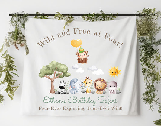 Jungle Safari 4th Birthday Banner | Custom Wild Animal Party Decor | Roaring Four Ever Wild Tapestry | Kids Safari Theme Sign