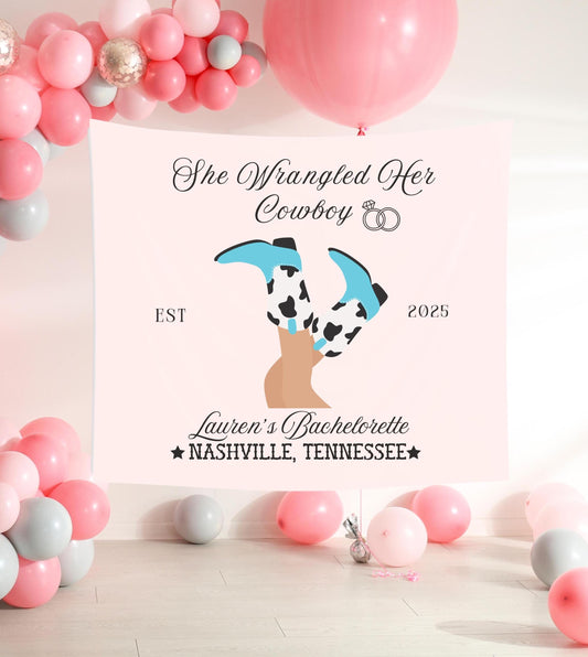 She Wrangled Her Cowboy Banner, Western Bachelorette Party Sign, Cowgirl Boots Decor, Last Rodeo Party Backdrop