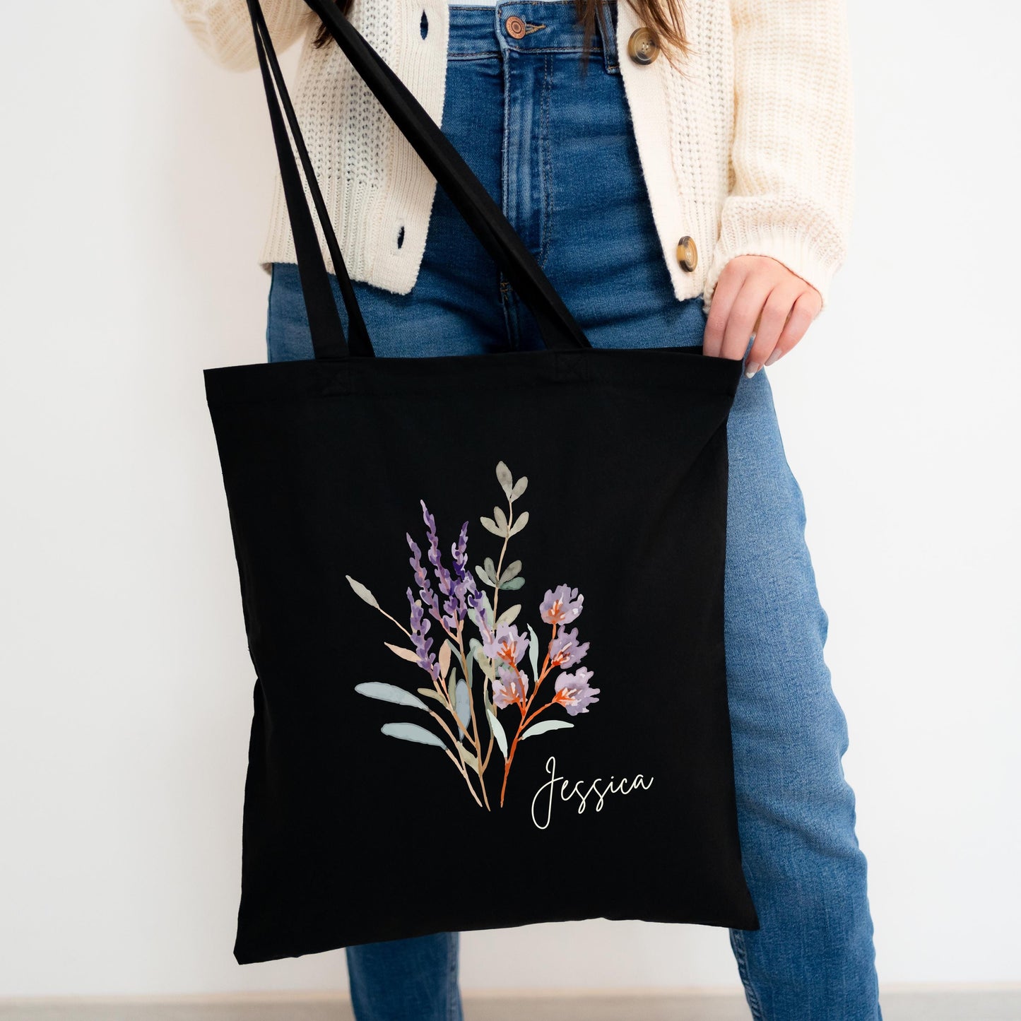 Personalized Floral Tote - Elegant Pastel Wildflower Bag - Custom Name Gift for Bridesmaids, Birthdays, Mother's Day
