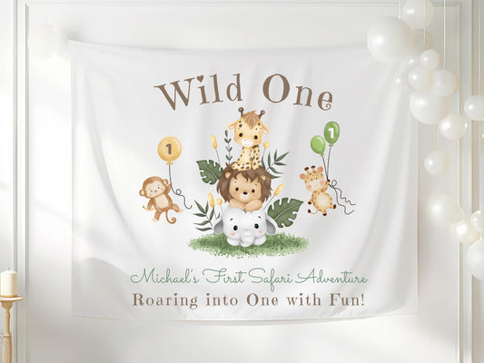 Wild One Safari 1st Birthday Banner | Jungle Animal Party Decor | Custom First Birthday Tapestry | Wild One Theme Sign