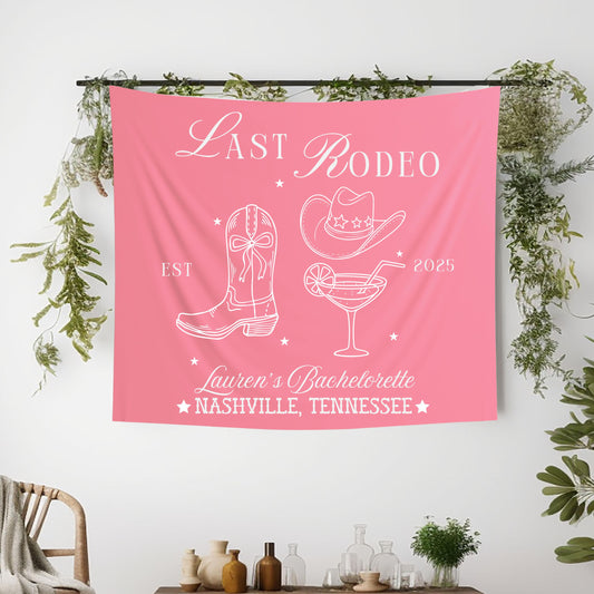 Bachelorette Party Banner, Last Rodeo Sign, Cowgirl Boots Martini Glass Decor, Custom Name Location Year, Bride Bash Tapestry