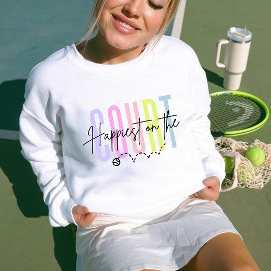 Happiest on the Court Sweatshirt, Colorful Tennis Crewneck, Unisex Gildan 18000, Cozy Tennis Lover Gift, Fun Tennis Ball Graphic Shirt