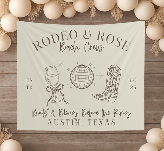 Rodeo & Rosé Bachelorette Banner, Western Glam Party Backdrop, Girls Trip Sign, Custom Bach Crew Tapestry, Photo Prop Decor