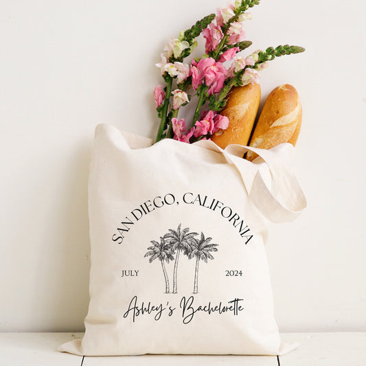 Custom Tropical Bachelorette Tote - Palm Tree Girls Trip Bag - Personalized Destination Party Favor - Beach Getaway Gift