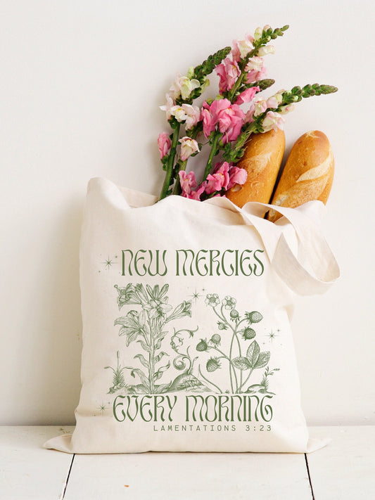 Christian Tote Bag with Bible Script - Unique Book Bag, Canvas Shopping Tote, Birthday Gift for Her, New Mercies Every Morning