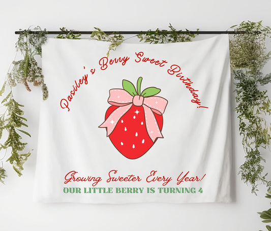 Berry Special Birthday Banner | Custom Strawberry Party Decor | Kids Birthday Tapestry | Personalized Berry Sweet Sign