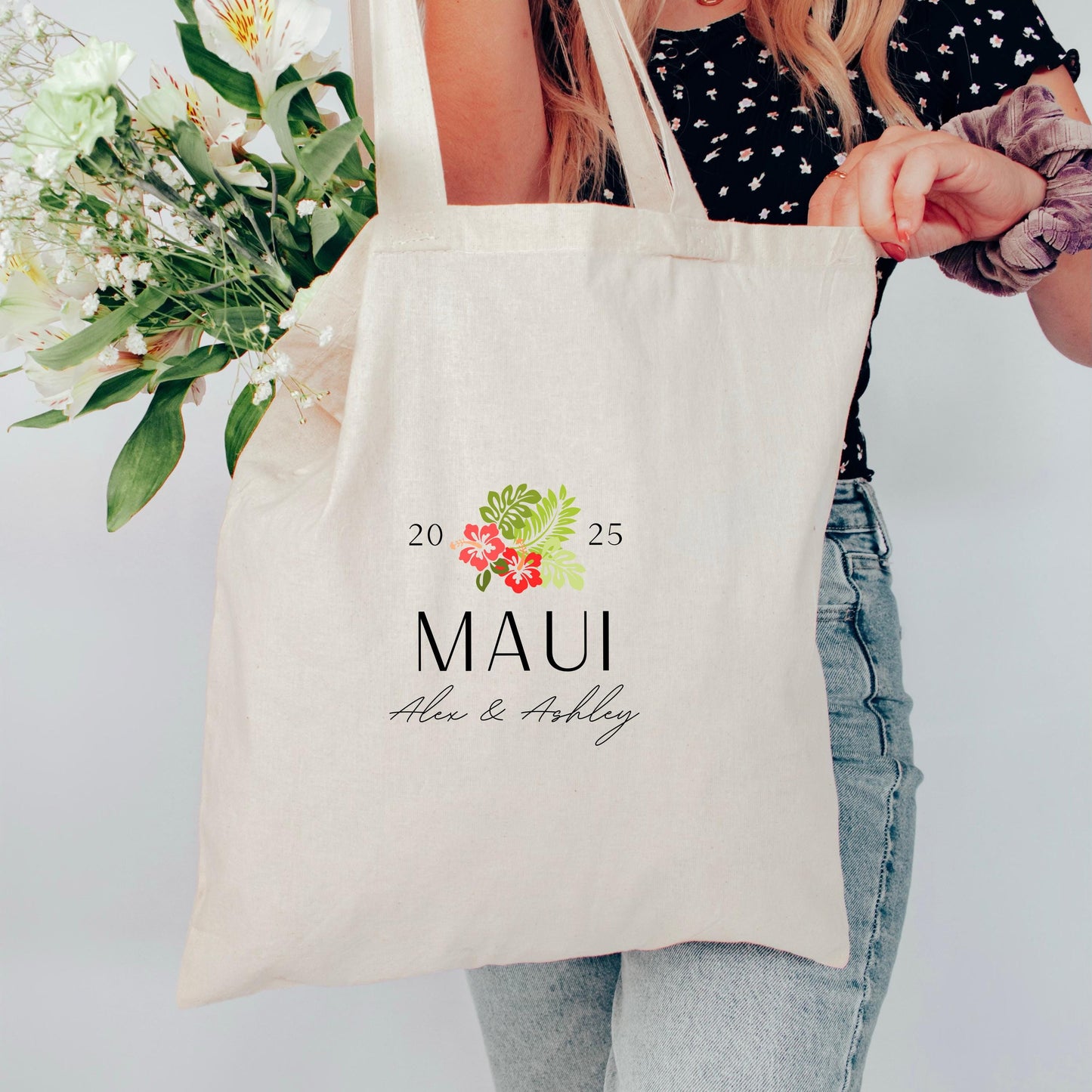 Wedding Tote Bag, Honeymoon Custom Gift, Personalized Tropical Gift Bag - Custom Location Tote - Maui