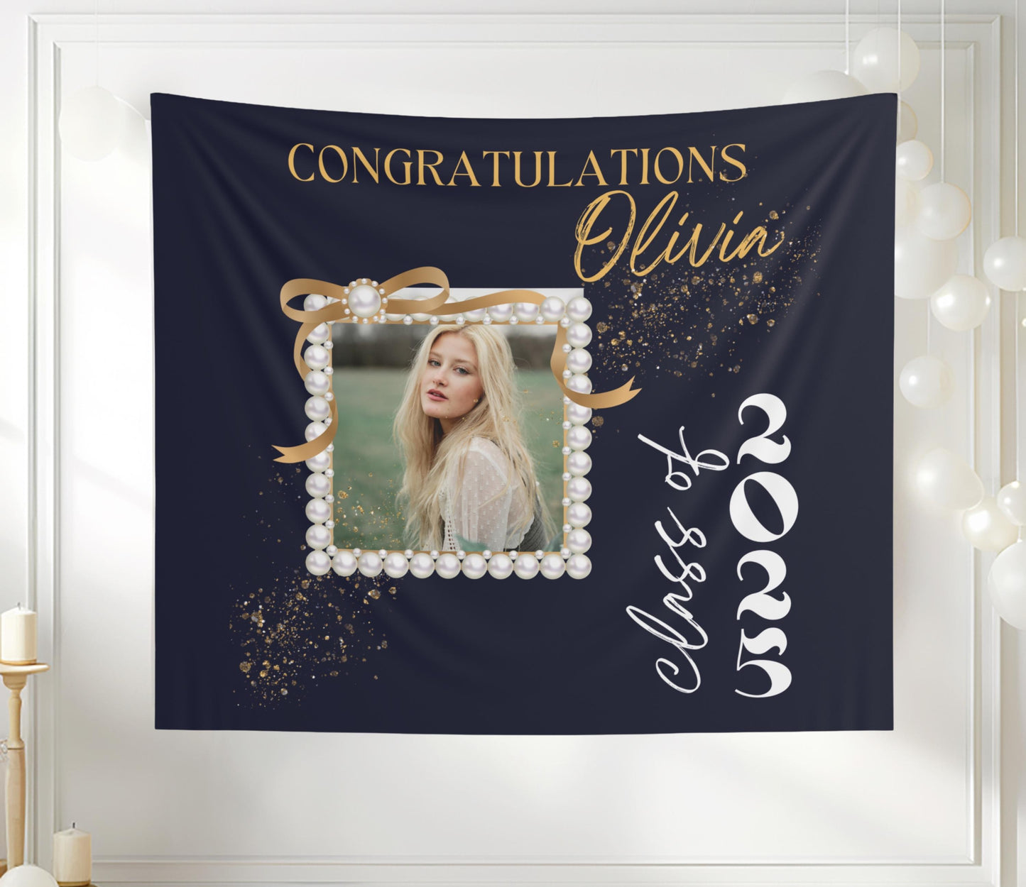 Custom Graduation Photo Banner, Elegant Pearl Frame, High School or College Grad Sign, Class of 2025 Party Decor, Personalized Grad Banner