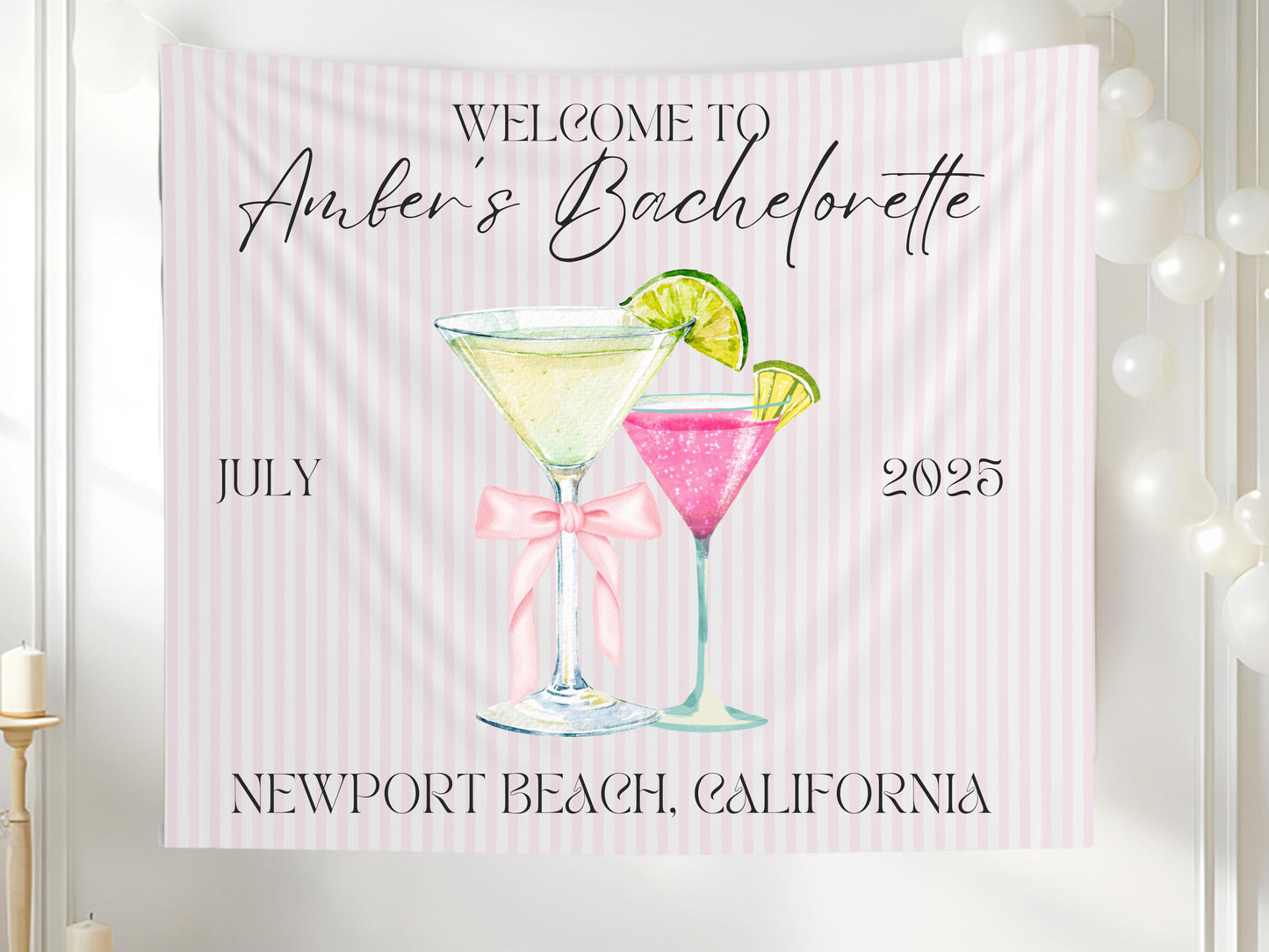 Welcome to Bach Banner, Pink Striped Bachelorette Party Sign, Custom Martini Girls Trip Decor, Elegant Bridal Shower Backdrop