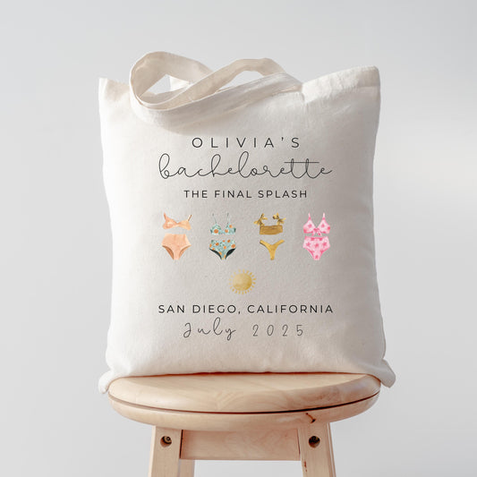 Beach Bachelorette Tote Bag, Pastel Bikini Bridesmaid Gift, Minimalist Bachelorette Favor, Elegant Bride Beach Trip Tote, Custom Name Bag