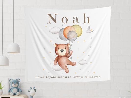 Custom Name Nursery Banner | Teddy Bear Balloon Wall Hanging | Starry Sky Playroom Tapestry | Personalized Kids Room Decor