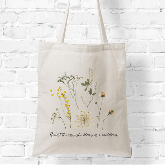 Inspirational Quote Tote Bag for Women, Wildflower Poem Canvas Bag, Self Care Gift for Her, Personalized Floral Daily Use Tote