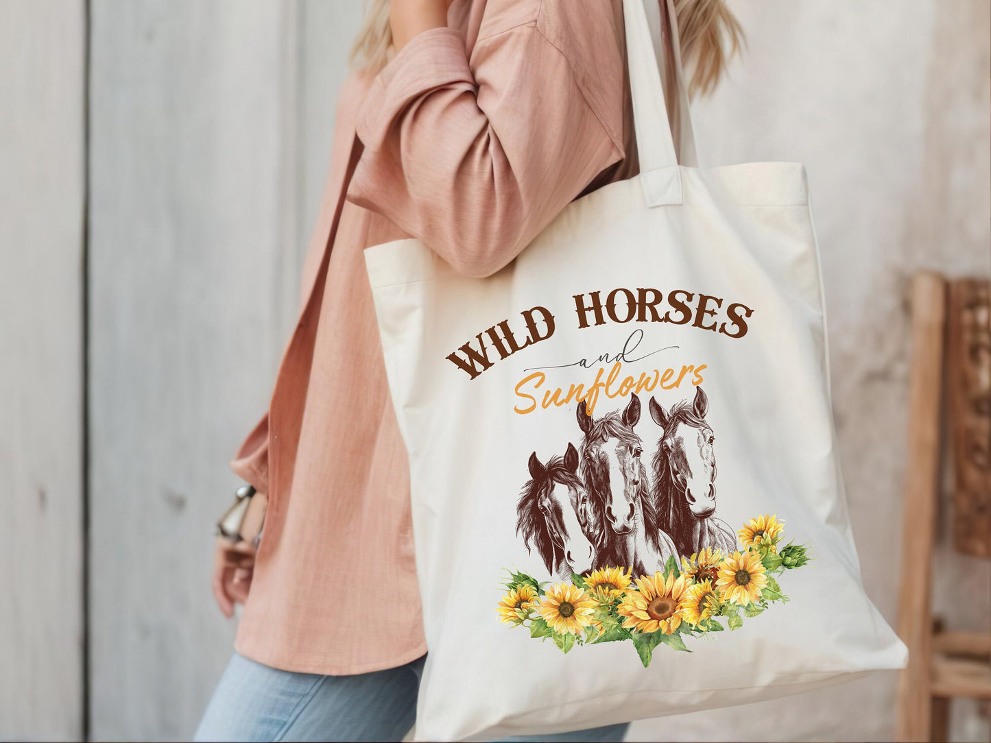 Wild Horses and Sunflowers Tote, Horse Lover Gift Bag, Country Western Tote, Canvas Horse Bag, Floral Horse Gift for Her