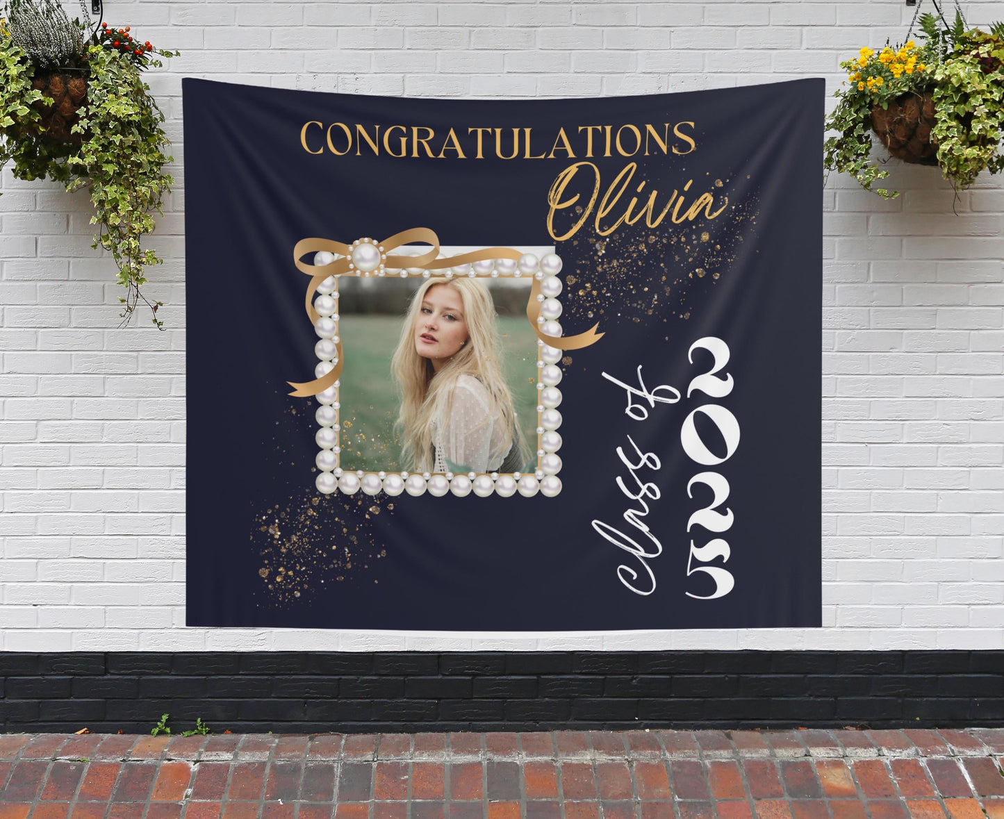 Custom Graduation Photo Banner, Elegant Pearl Frame, High School or College Grad Sign, Class of 2025 Party Decor, Personalized Grad Banner