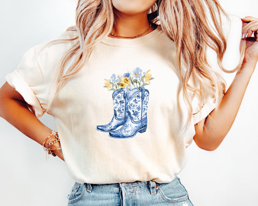 Floral Cowgirl Boots Shirt, Western Graphic Tee, Country Festival Outfit, Spring Cowgirl Shirt, Bella Canvas Rodeo T-Shirt
