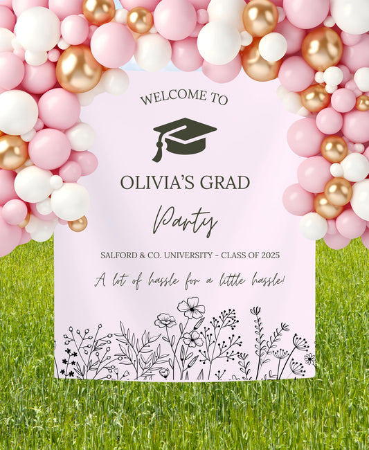 Elegant Graduation Banner with Black Florals, Custom Class of 2025 Sign, Hassle for Tassel Quote, Grad Party Decor Backdrop