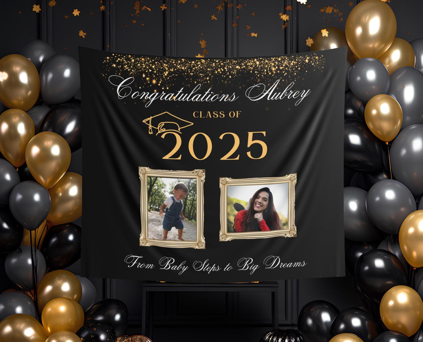 Custom Graduation Photo Banner, High School or College Grad 2025, Senior Party Backdrop, Then & Now Banner -From Baby Steps to Big Dreams