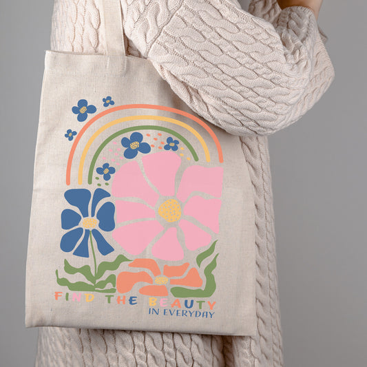 Find The Beauty In Everyday Tote, Floral Tote Bag, Book Bag, Cotton Tote, Cute Tote Bag, School Bag, Book Bag