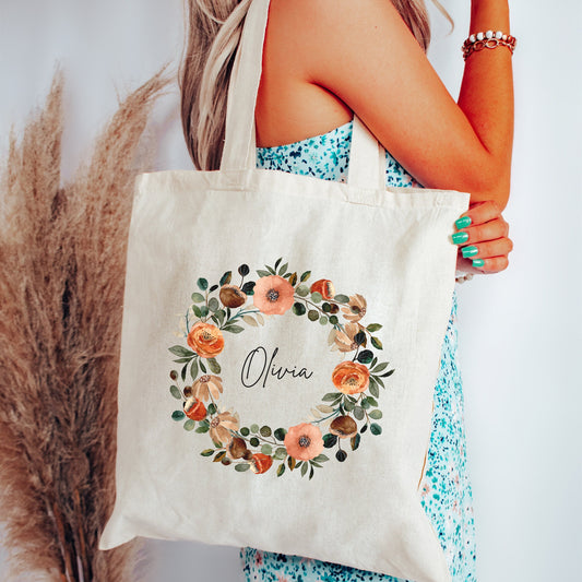 Custom Floral Canvas Tote Bag, Birthday gift for her, Bridesmaid gift, Mother's Day, Colorful Wreath Tote, Personalized tote gift bestie