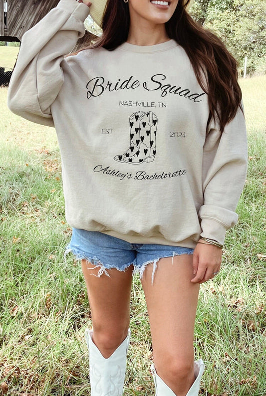 Personalized Bachelorette Shirts, Bride Tribe Sweatshirt, Custom Bach Party Crewneck 2024, Nashville Cowboy Boots Graphic