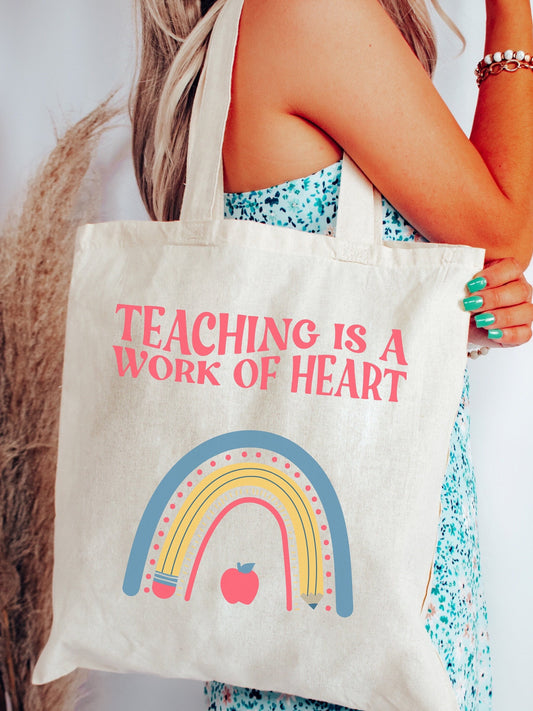 Tote Bag for Teachers Library Canvas Tote For Teacher Appreciation Teaching is a Work of The Heart Bag Eco Friendly Shopping Bag Her Gift