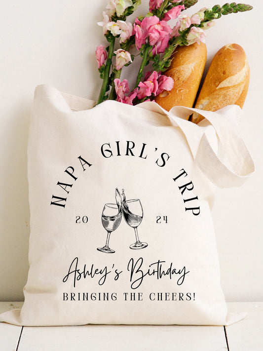 Custom Girls Trip Birthday Tote Bag, Girls Napa Wine Bag, Vacation birthday favor party gift, Personalized Napa wine tasting party favors