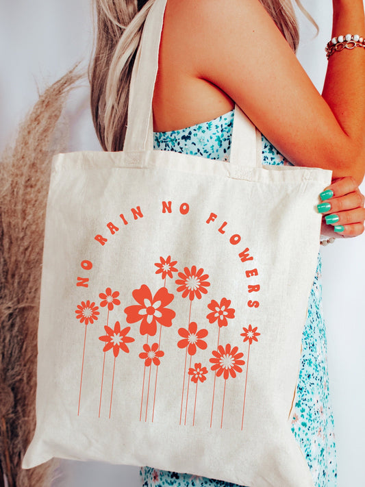 Floral Tote Bag, Library Book Bag, Gift Bag Gift for Her, No Rain No Flowers Cotton Canvas Tote