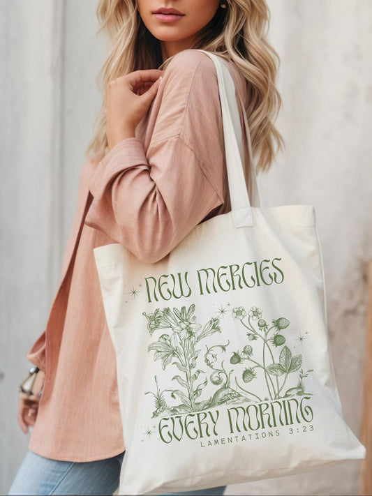 Christian Tote Bag with Bible Script - Unique Book Bag, Canvas Shopping Tote, Birthday Gift for Her, New Mercies Every Morning