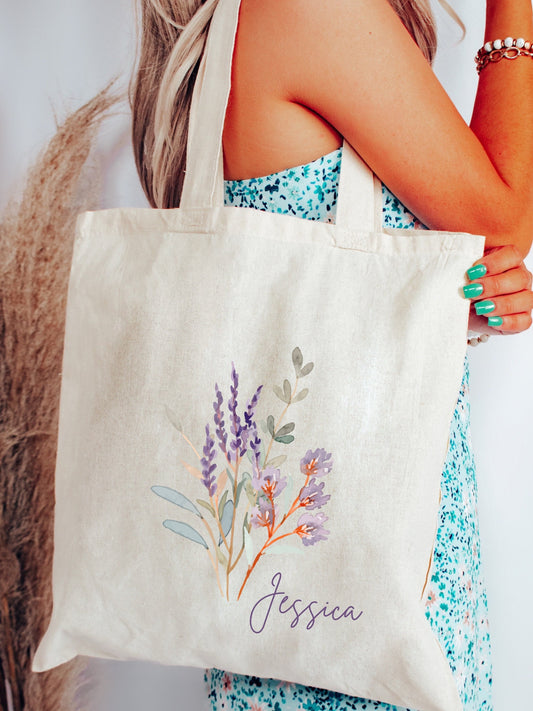 Custom Wildflower Canvas Tote Bag, Watercolor tote, Bachelorette Party, Bridesmaid gift, Birthday Gift, Mother's Day, Minimalist bag