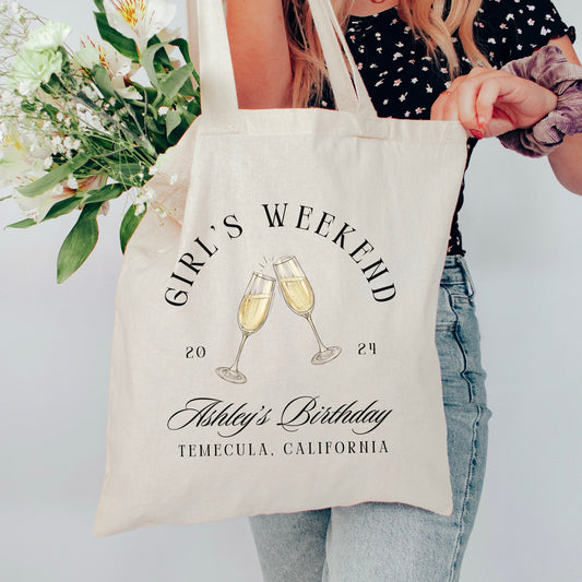 Custom Girls Trip Birthday Tote Bag, Girls Weekend Wine Bag, Vacation birthday favor party gift, Personalized wine tasting party favor tote