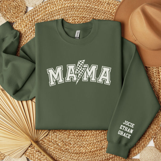 Custom Mama Sweatshirt with Kid Name on Sleeve - Personalized Mom Gift - Mothers Day Present