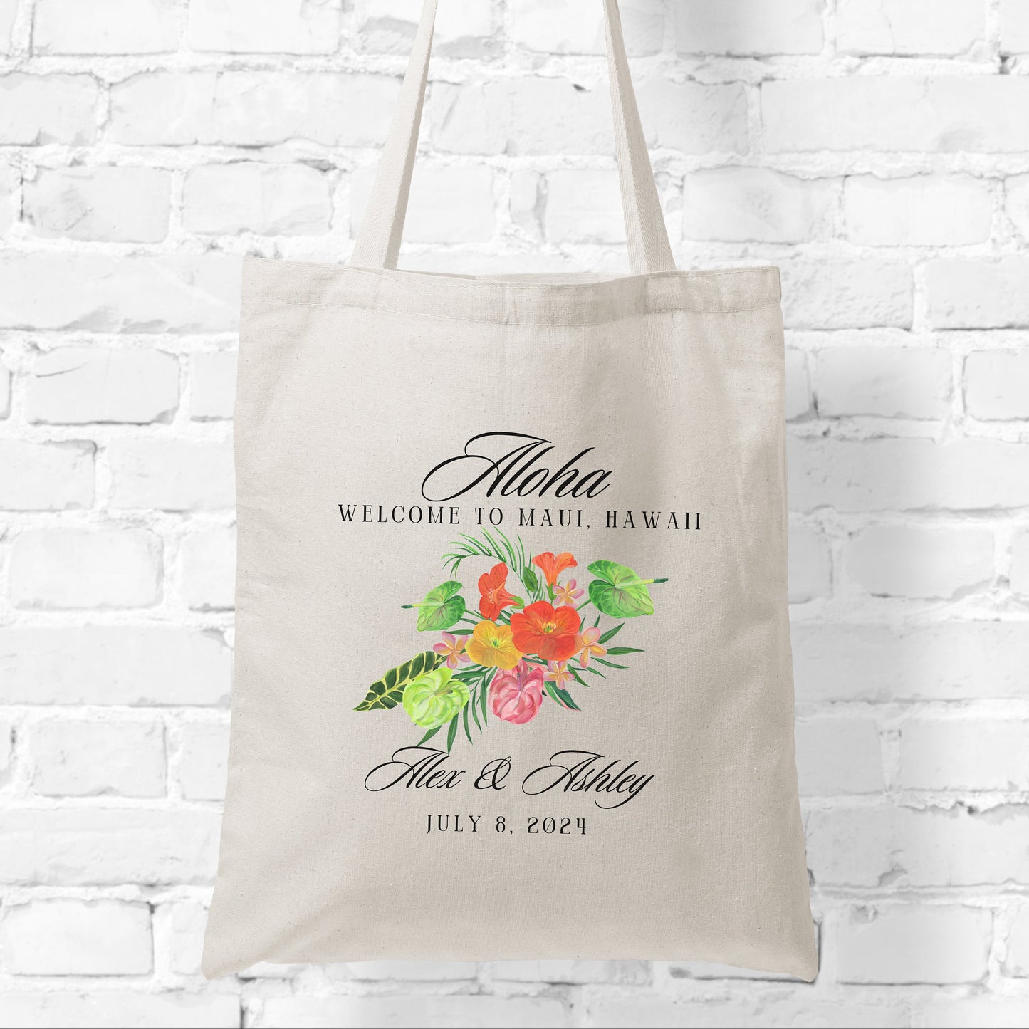 Custom Tropical Wedding Tote Bag, Destination Wedding Party Favor Bag, Welcome Gift From Bride and Groom, Personalized Canvas Aloha Tote
