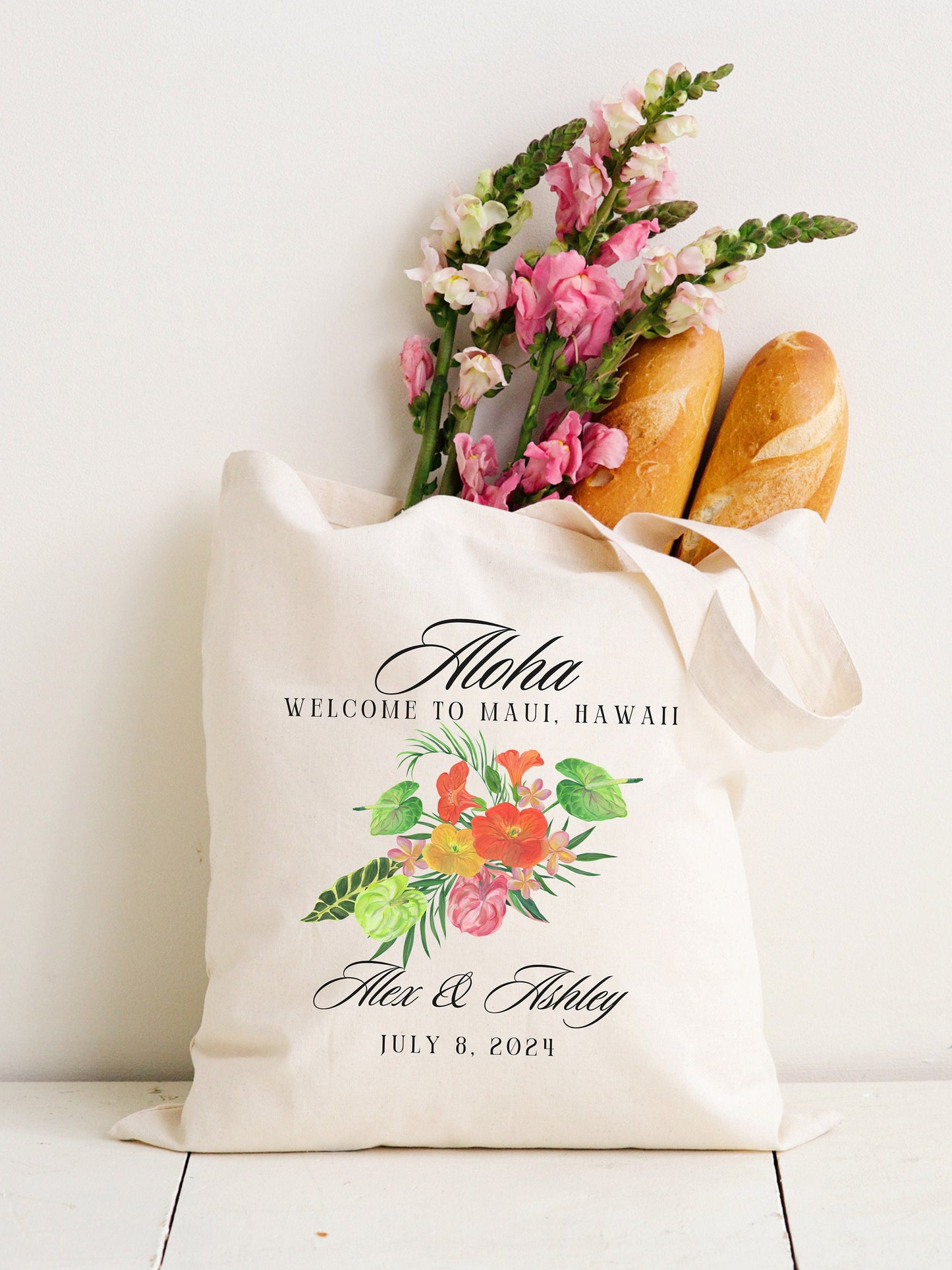 Custom Tropical Wedding Tote Bag, Destination Wedding Party Favor Bag, Welcome Gift From Bride and Groom, Personalized Canvas Aloha Tote