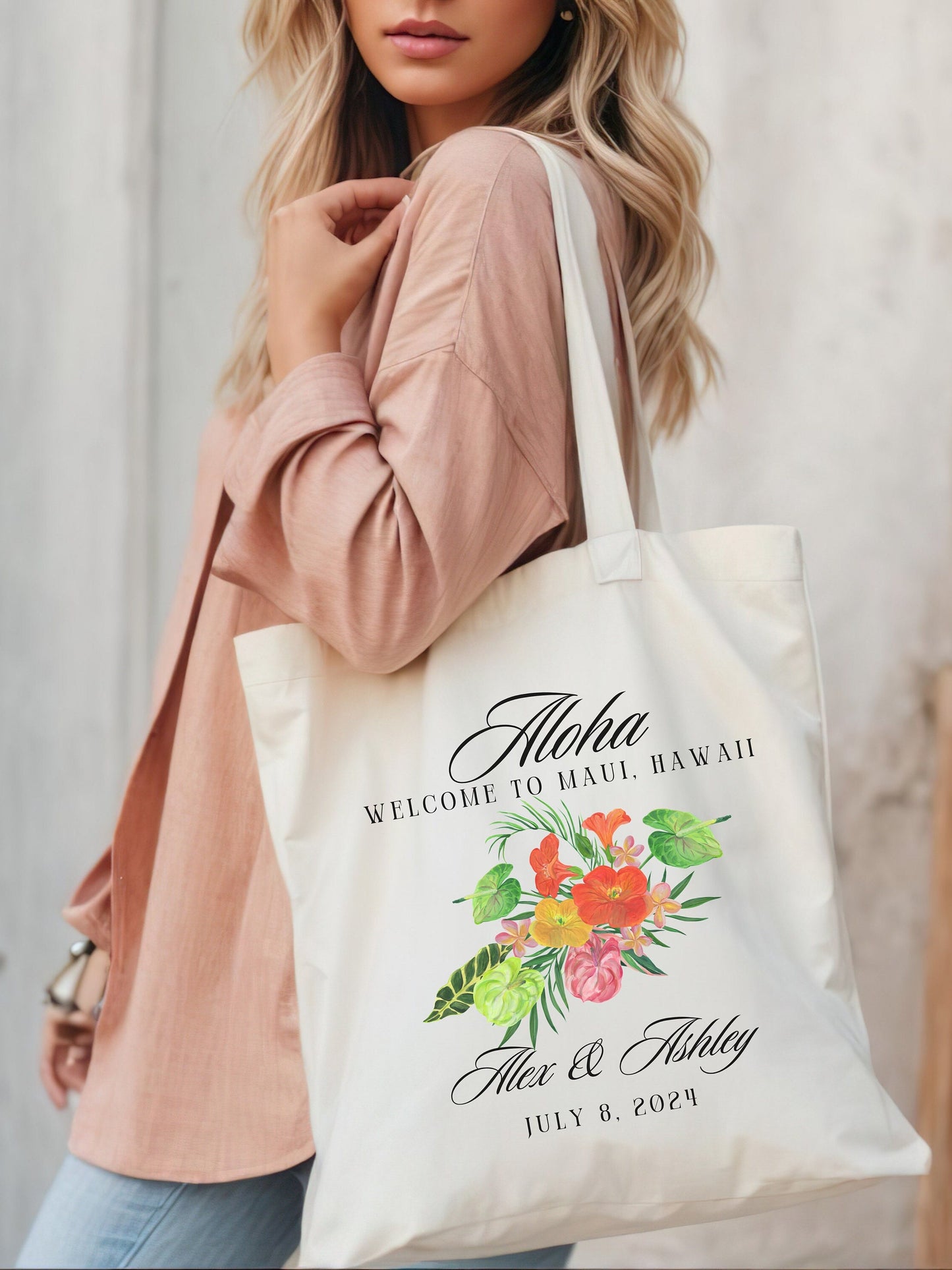 Custom Tropical Wedding Tote Bag, Destination Wedding Party Favor Bag, Welcome Gift From Bride and Groom, Personalized Canvas Aloha Tote