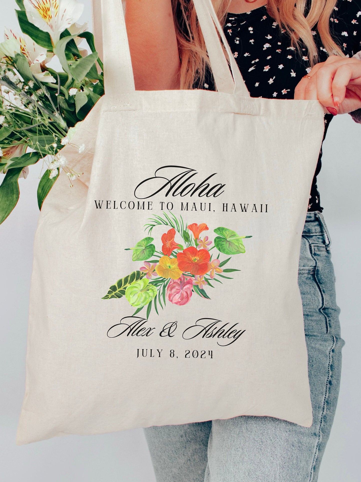 Custom Tropical Wedding Tote Bag, Destination Wedding Party Favor Bag, Welcome Gift From Bride and Groom, Personalized Canvas Aloha Tote