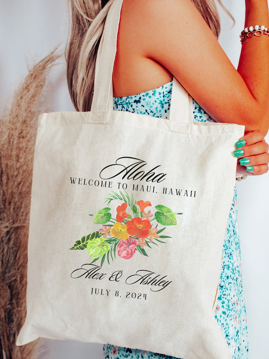 Custom Tropical Wedding Tote Bag, Destination Wedding Party Favor Bag, Welcome Gift From Bride and Groom, Personalized Canvas Aloha Tote