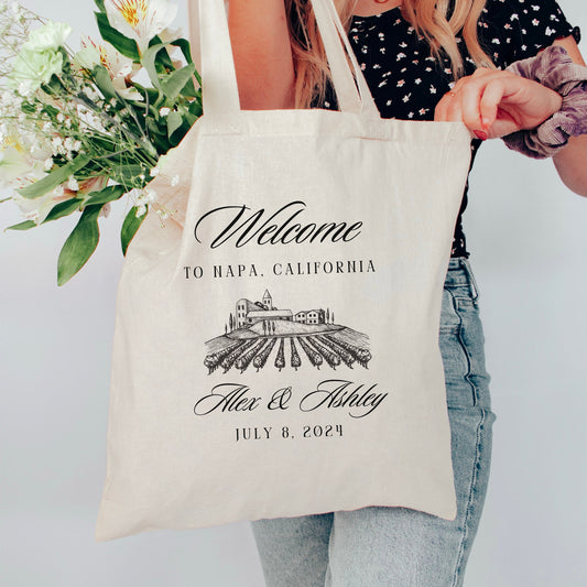 Custom Wedding Welcome Tote Bag, Destination Wedding gift for Guests, Personalized Wine Country Gift, Napa Canvas Bag