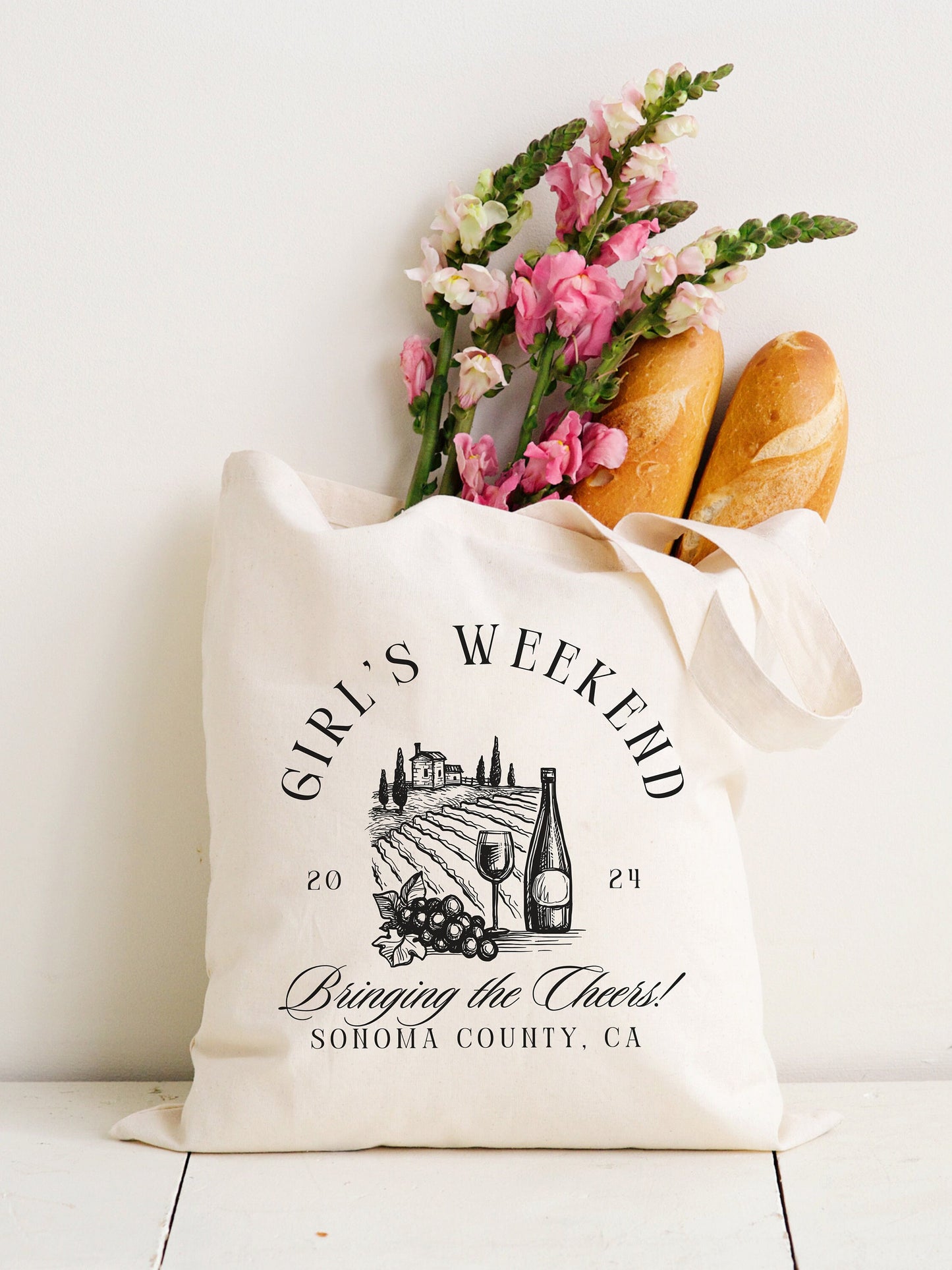 Custom Girls Weekend Tote Bag, Party Gifts for Wine Tasting Weekend -   Personalized Trendy Canvas Tote Bag, Wine Country Bag
